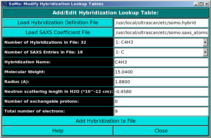 SOMO Add/Edit Hybridization Lookup Table SCREEN