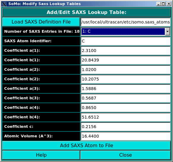 SOMO Add/Edit SAXS Coefficients Lookup Table SCREEN